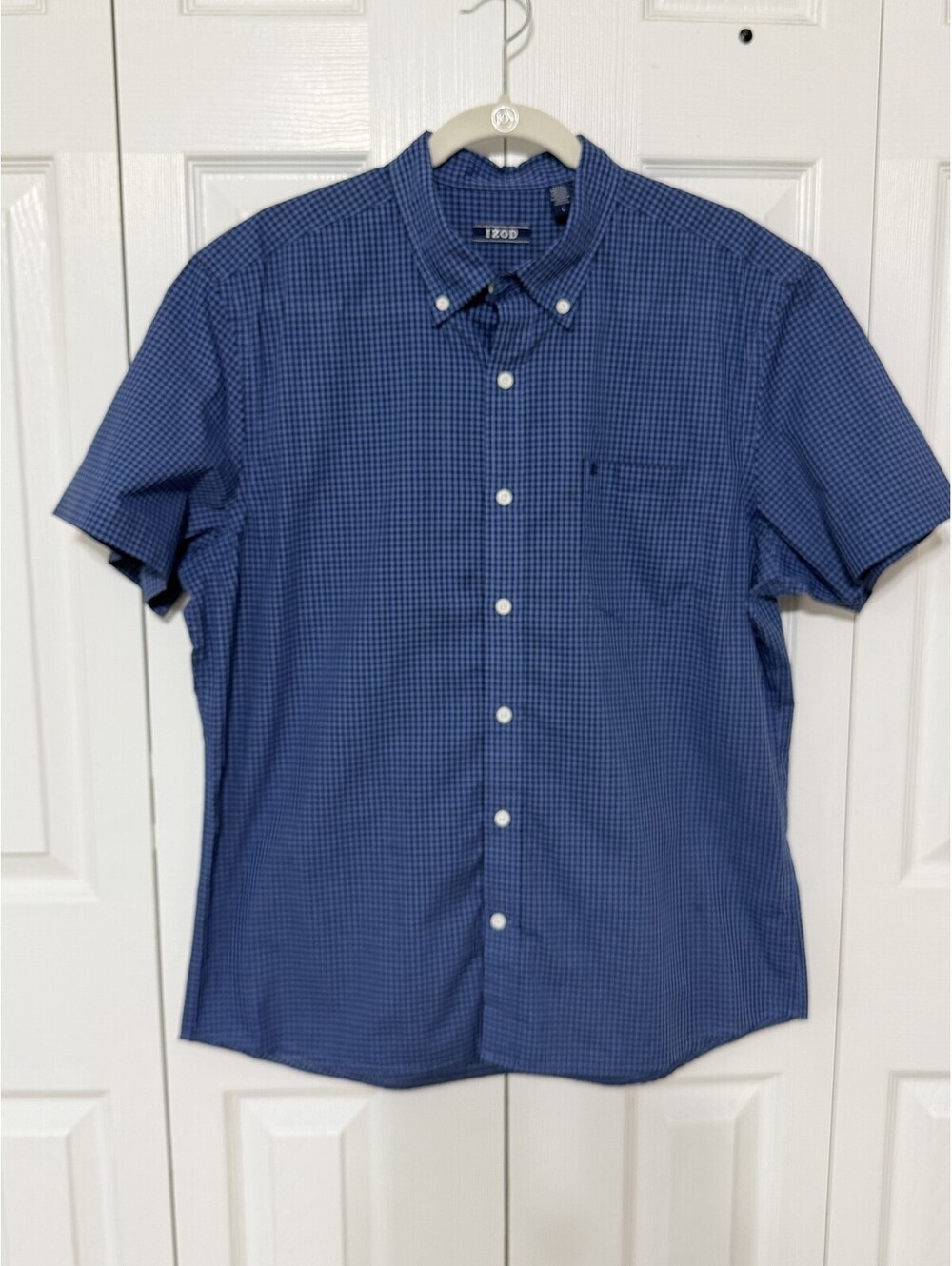 IZOD Shirt Mens L Blue Check Gingham Short Sleeve Button Up Casual Woven